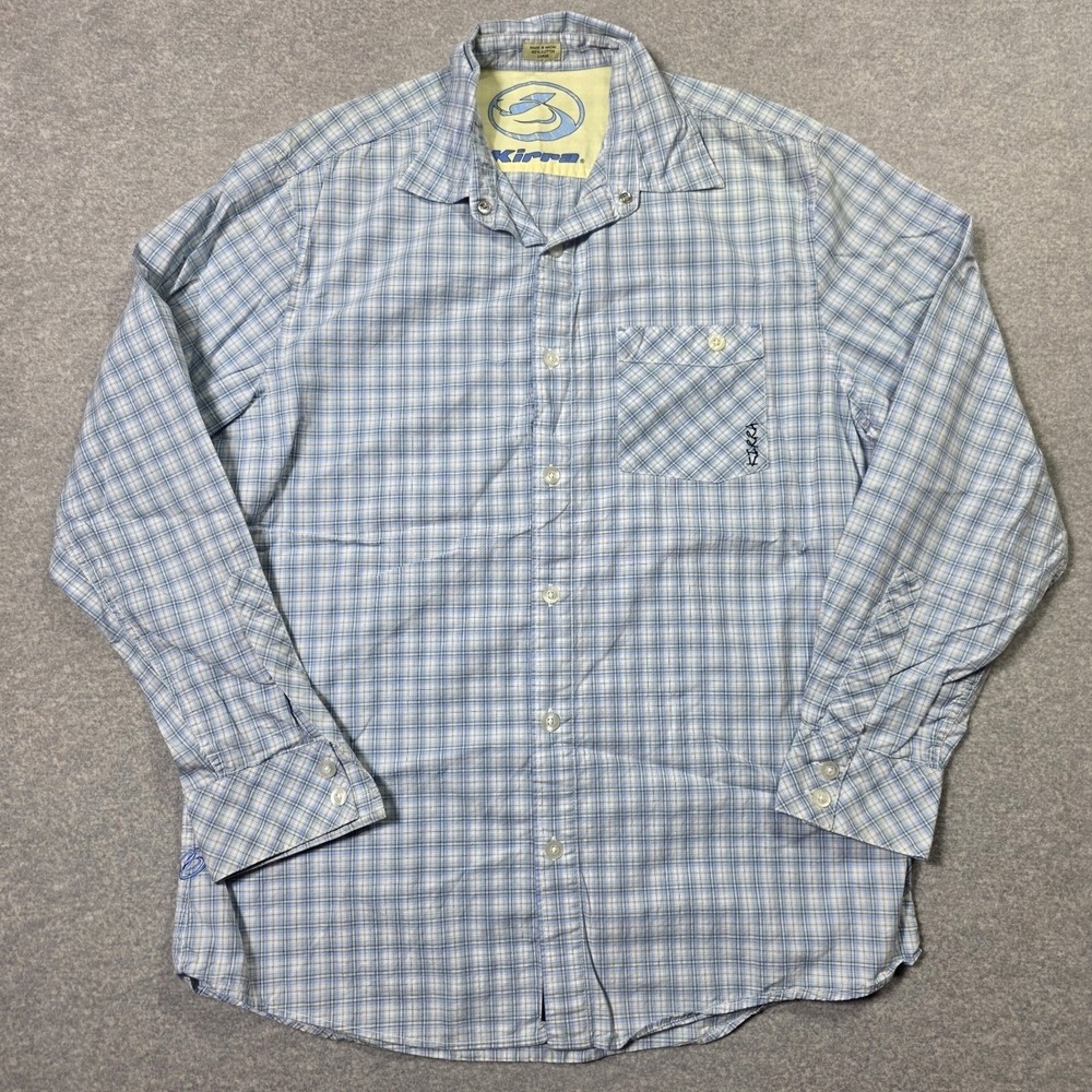 Vintage Kirra Shirt Mens L Blue Plaid Point Break Embroidered Surfing Logo